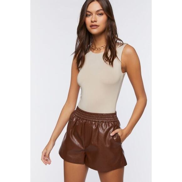 Forever 21 Women’s Small Brown Faux Leather Shorts High Rise Elastic Waist - Picture 1 of 8